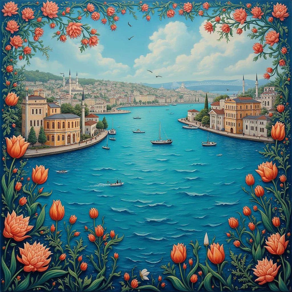 Istanbul Bosphorus in Traditional Turkish Iznik Ceramic Styl...