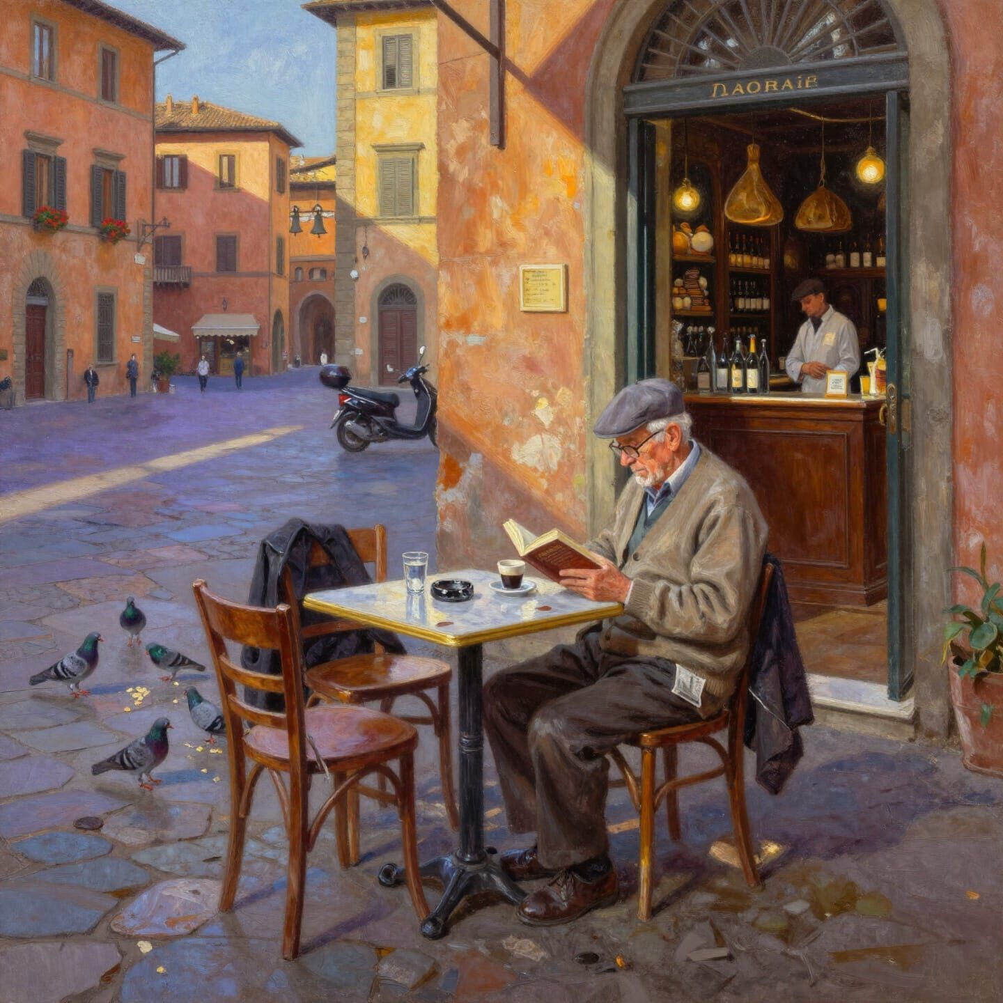 Warm Impressionist Oil Painting of Italian Piazza Cafe