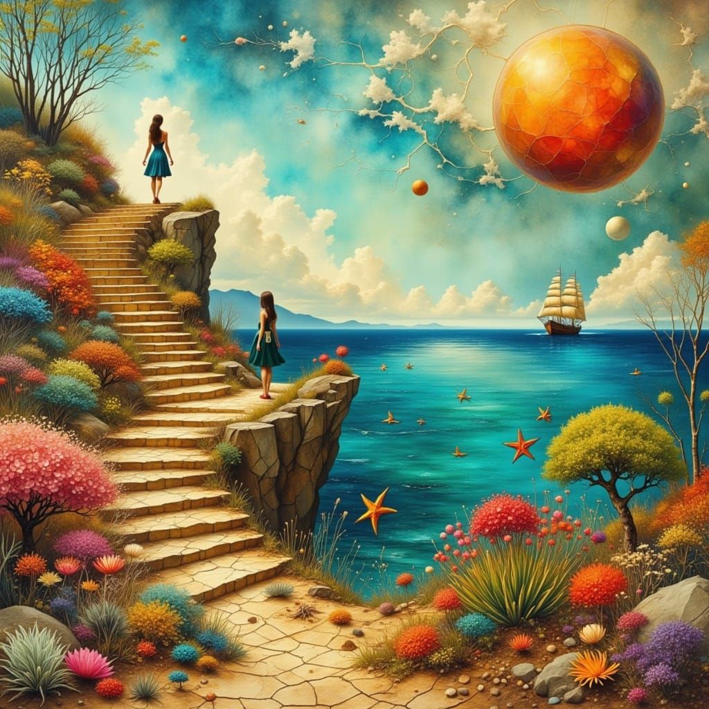 Surreal Seascape with Woman on Cracked Earth Cliff