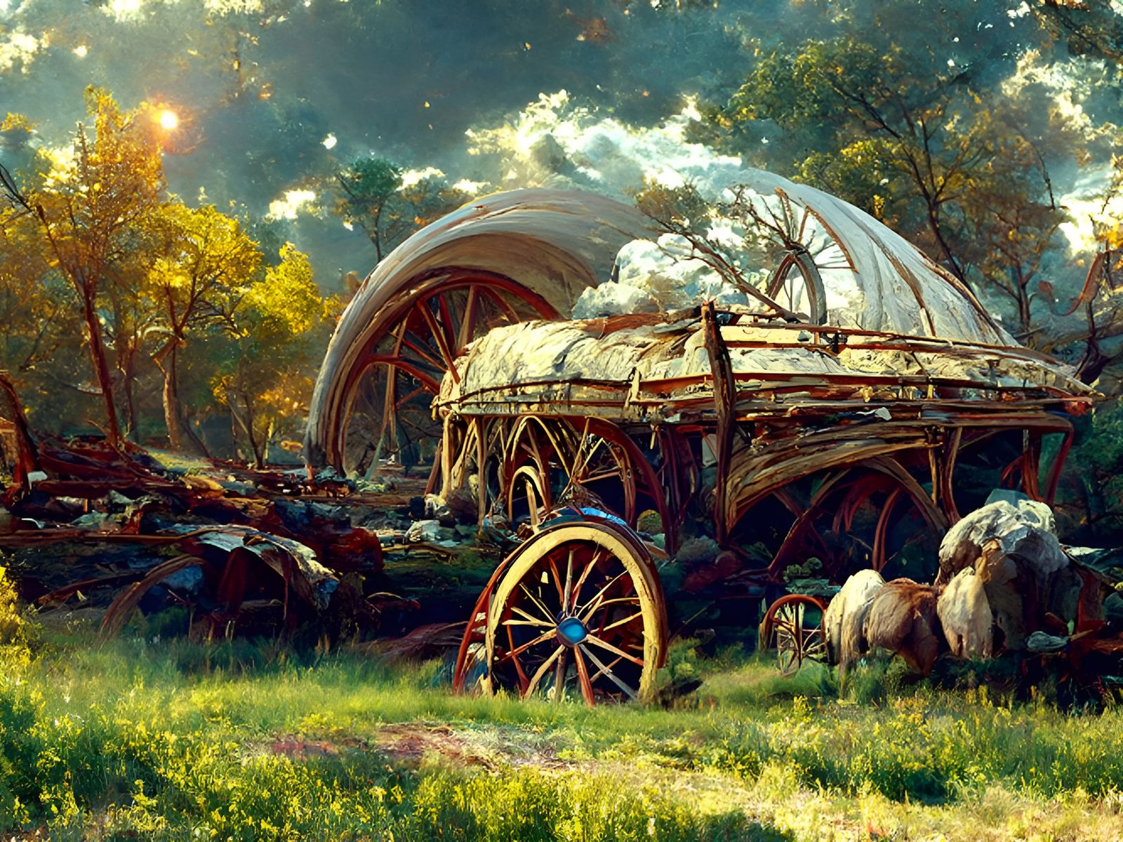 Covered Wagon on Open Plains in Ghibli Style