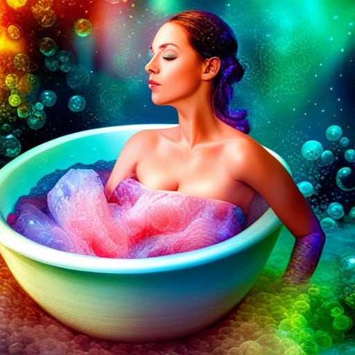 Woman in Iridescent Bubble Bath, Astral Illustration