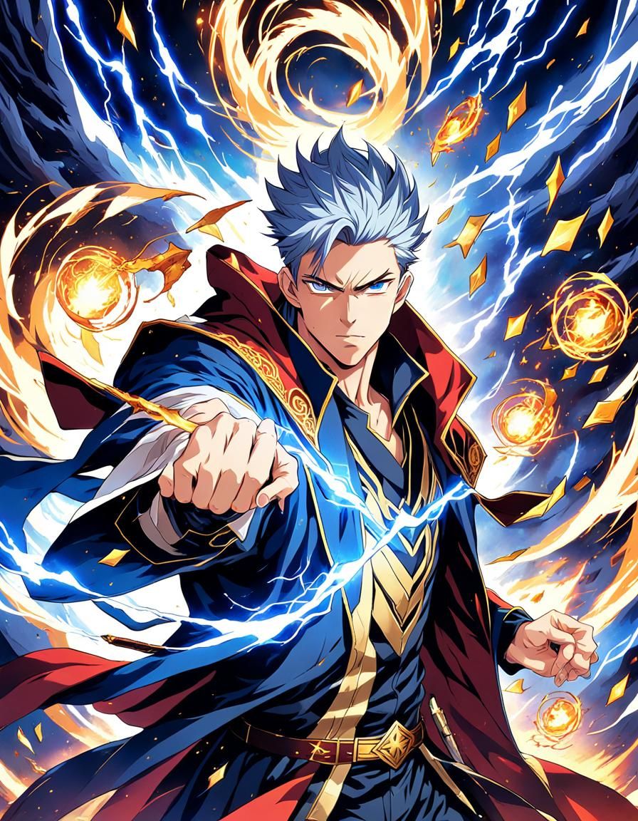 Dynamic Anime Mage Wields Fire and Lightning