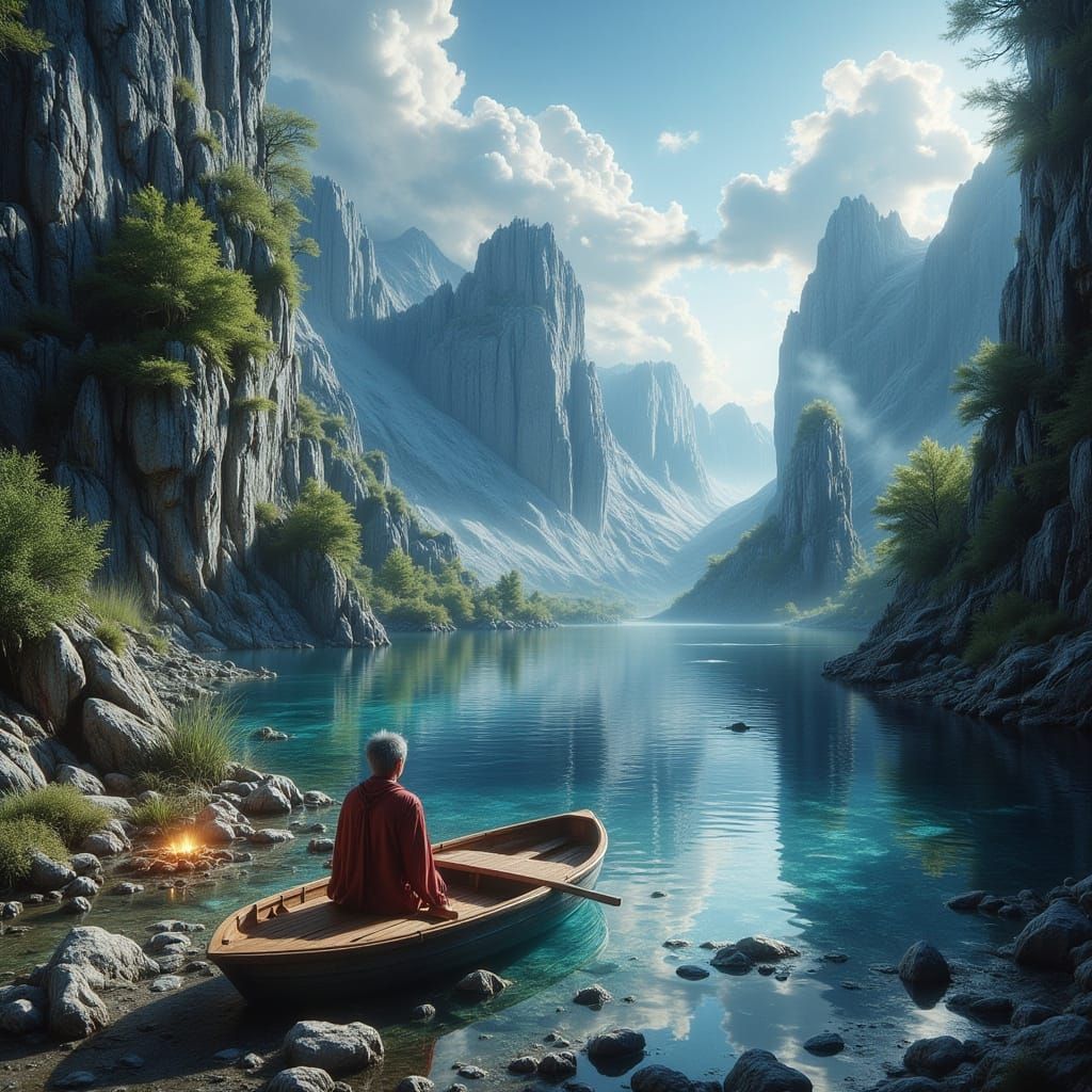 Boy's Toy Boat on Stream, Hyperrealistic Style