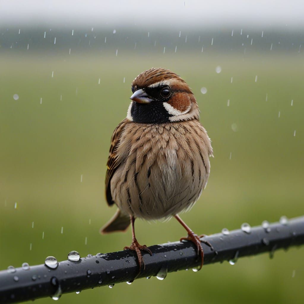 Sparrow on Rainy Farm Wire Fence
