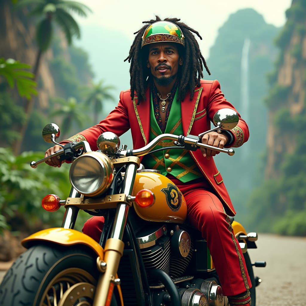 Bob Marley Rides Motorbike in Fantasy Landscape