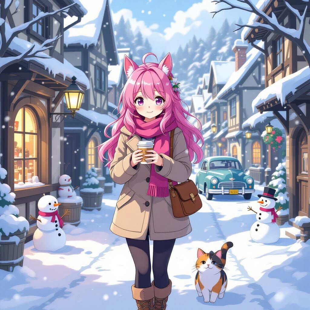 Anime Girl with Pink Hair and Horse Ears in Snowy Town