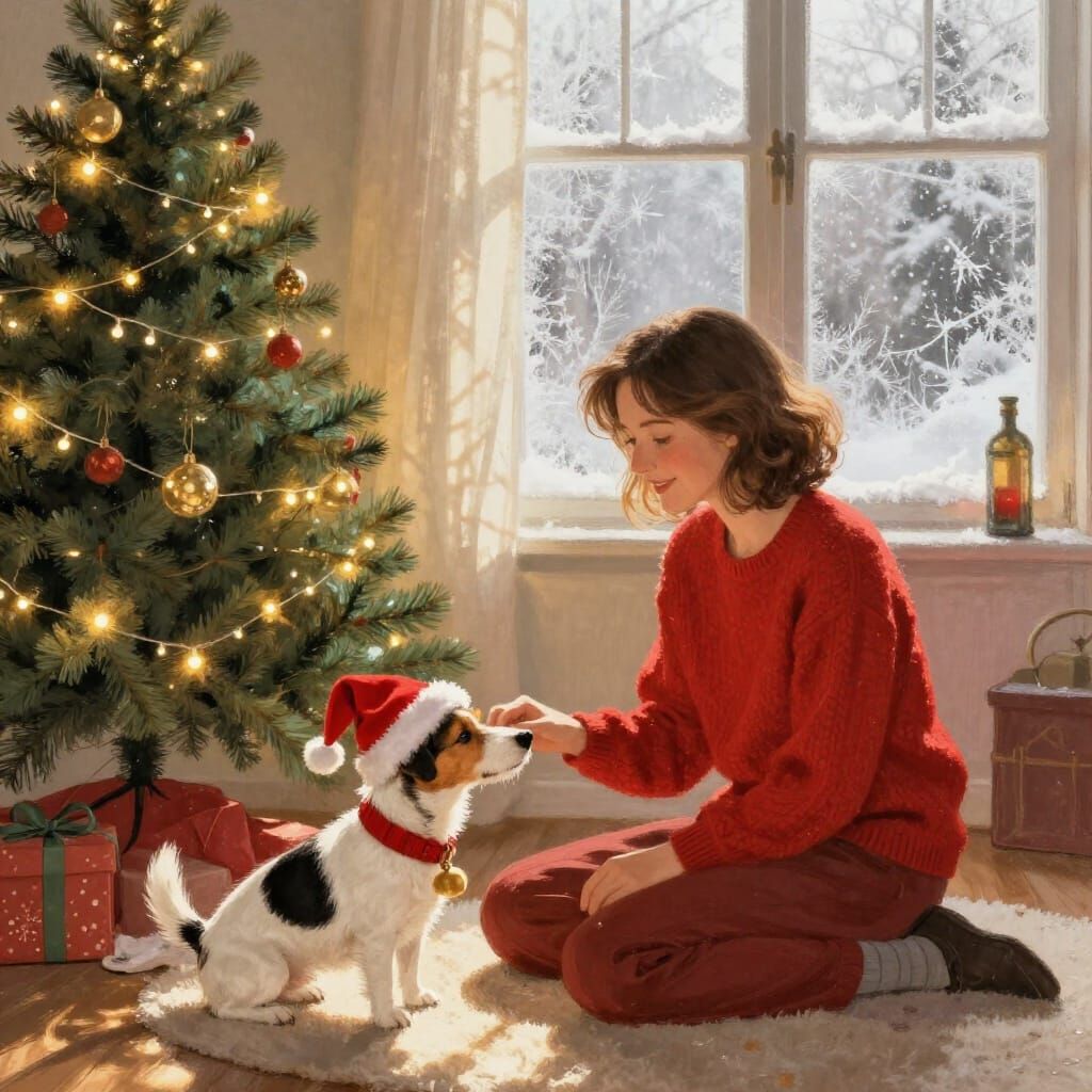Festive Christmas Scene with Family and Dog