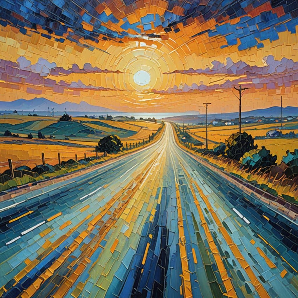 Vibrant Neo-Impressionist Masterpiece of Dawn's Golden Light