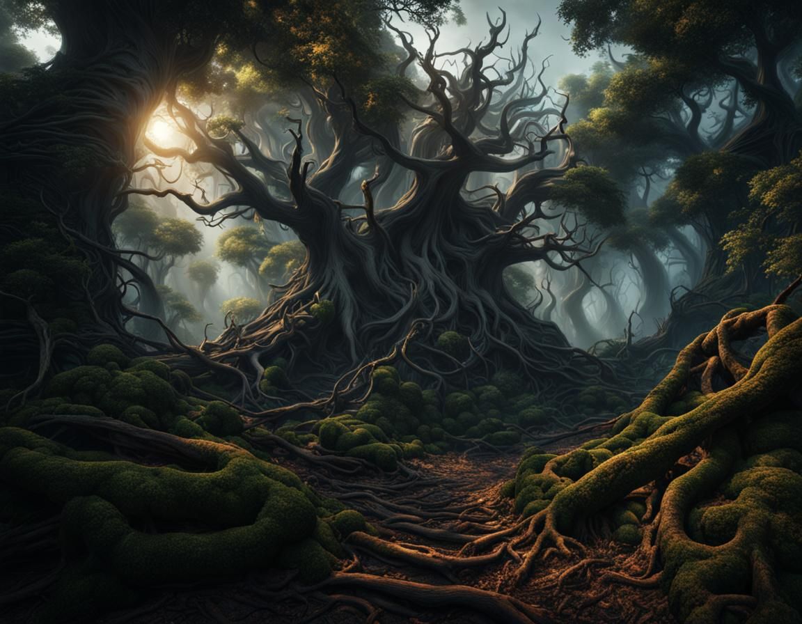 Dark Fantasy Forest Surrounds Village in 8k