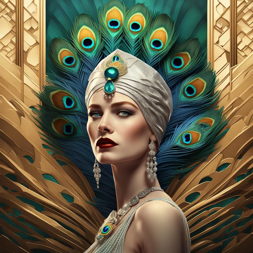 Art Deco Spa Woman with Peacock Feathers