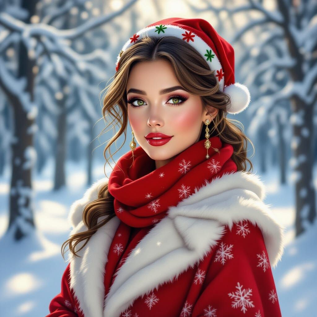 Woman in Festive Makeup in Snowy Forest