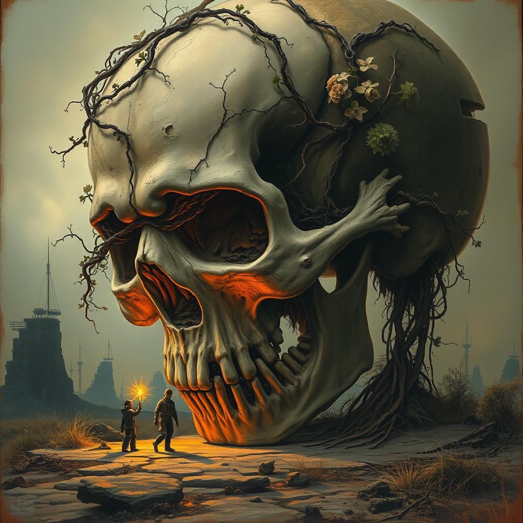 Decaying Skull in Post-Apocalyptic Wasteland