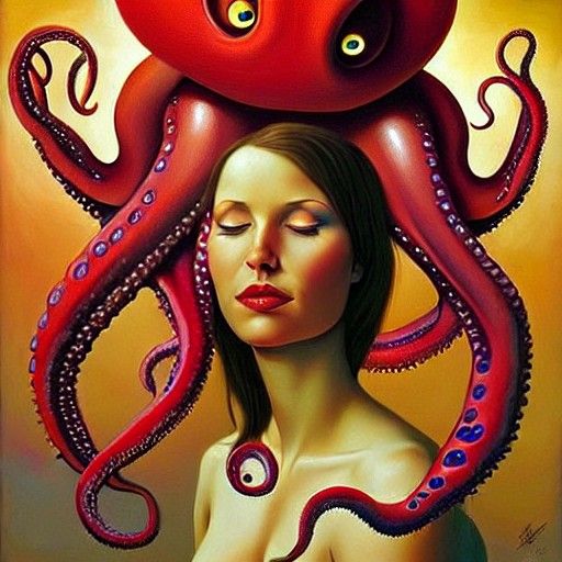 Woman with Octopus in Symbolic Surrealism Style