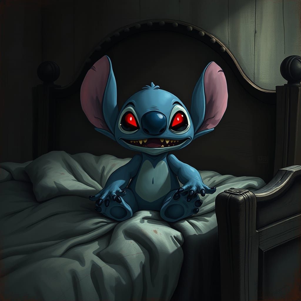 Creepy Stitch Plush Toy on Haunting Bed
