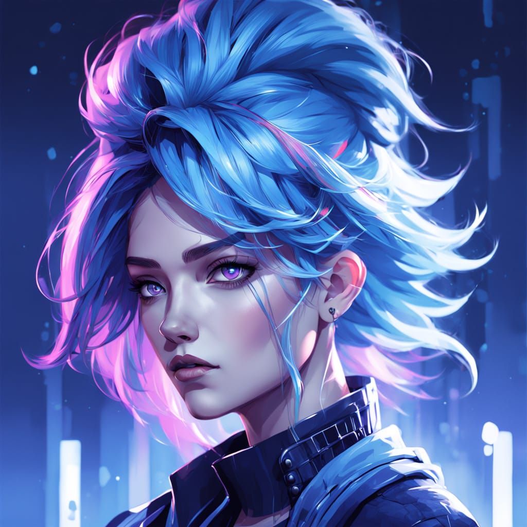 Vibrant Blue Haired Character in Dynamic Studio Lighting