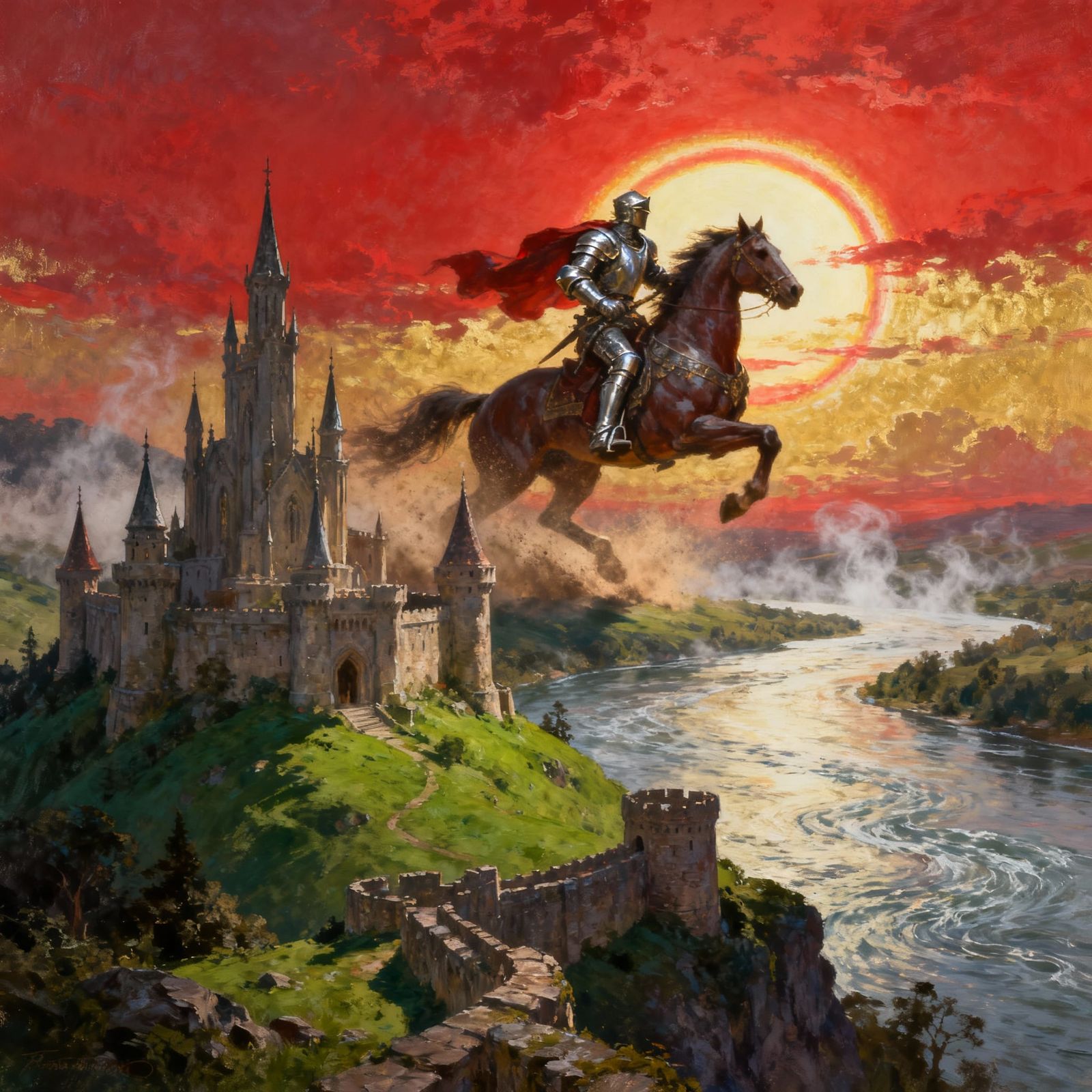 Epic Fantasy Castle Sunrise with Knight on Horseback