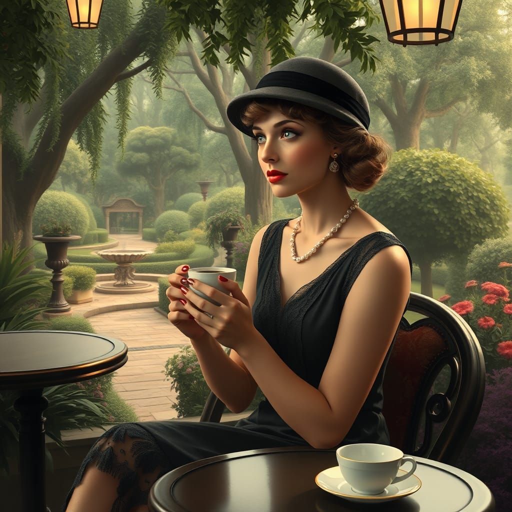 Elegant Woman in Secret Garden Cafe, Matte Painting Style