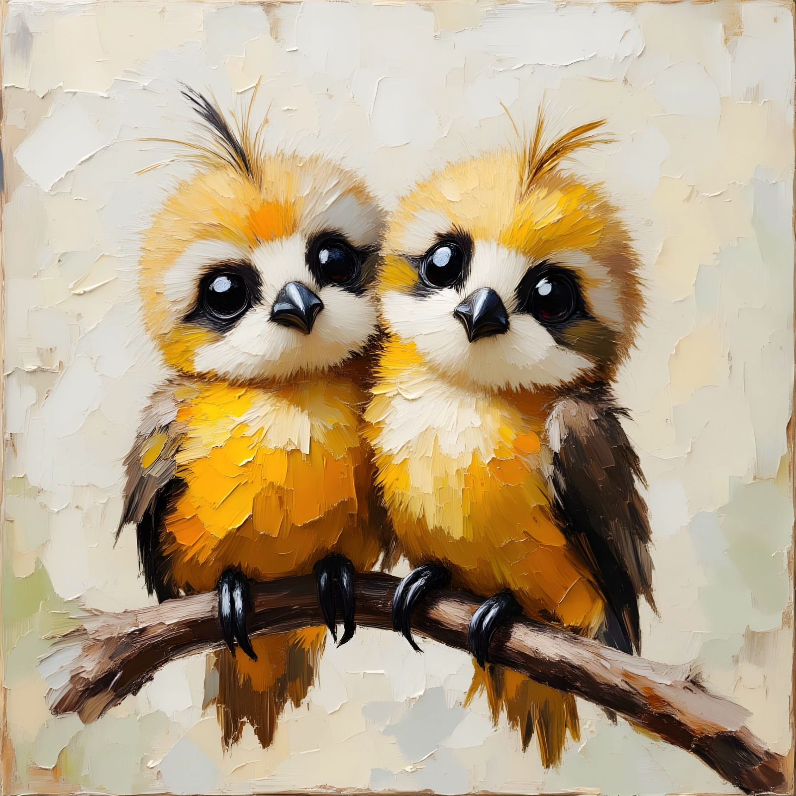 Cute Fuzzy Birds Cuddling as Impasto Painting