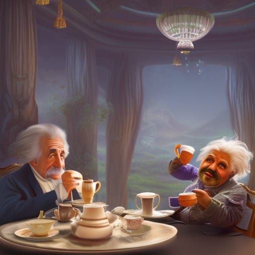Albert Einstein Having Tea, Detailed Matte Painting