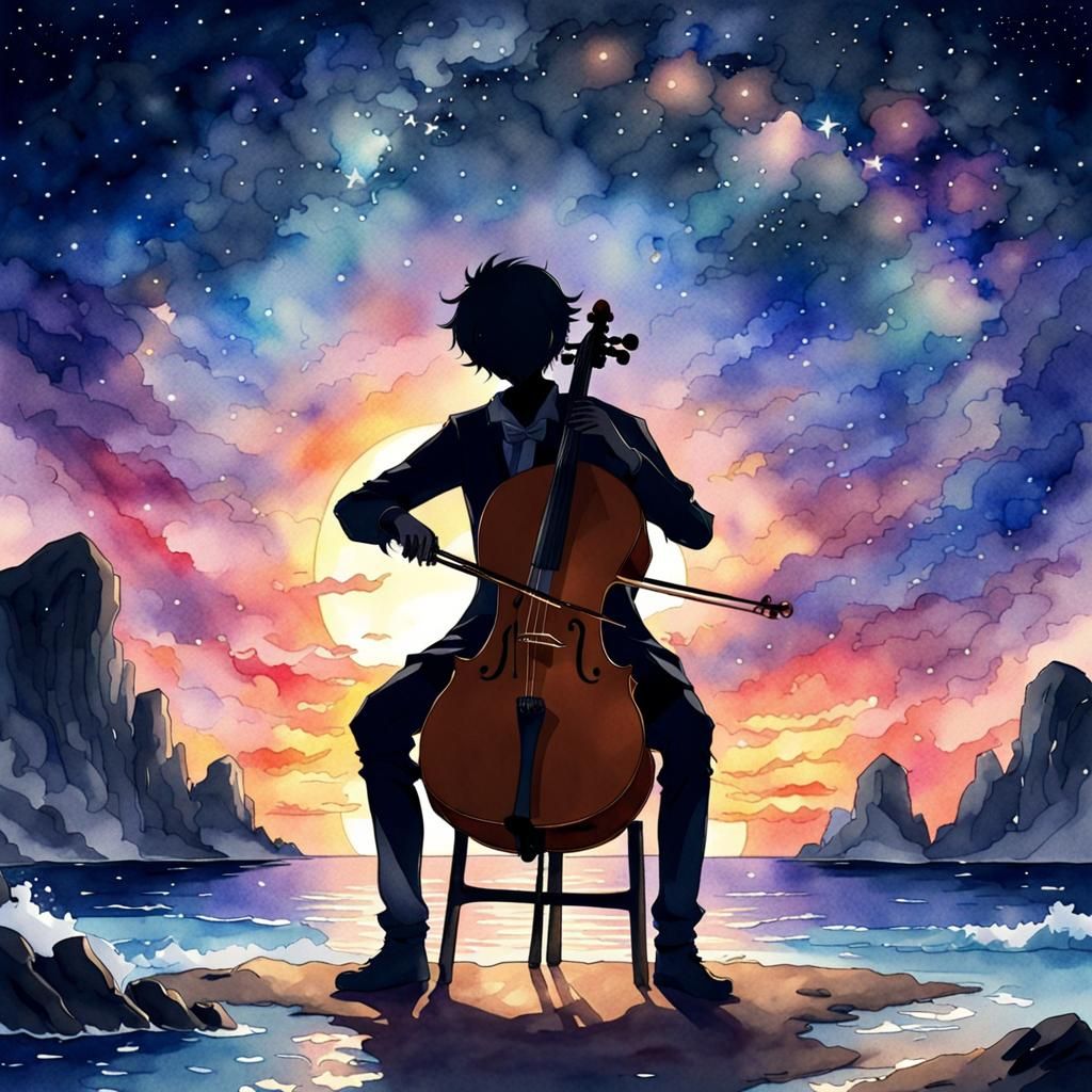 Anime Style Sunset Cello Player on Starry Island