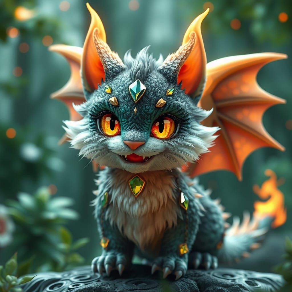 Medieval Dragon Cat in a Green Forest with Jewels and Fire