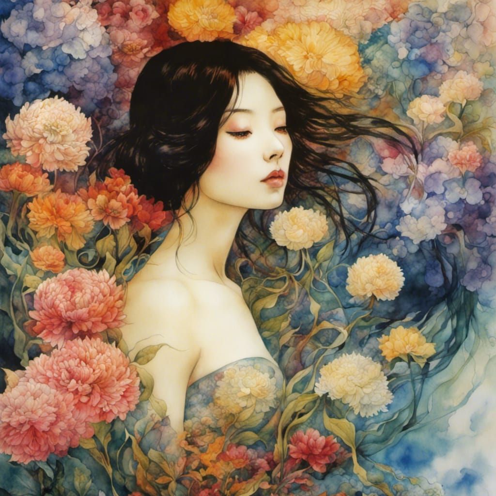 Dreamlike Watercolor Portrait of Woman with Flowers