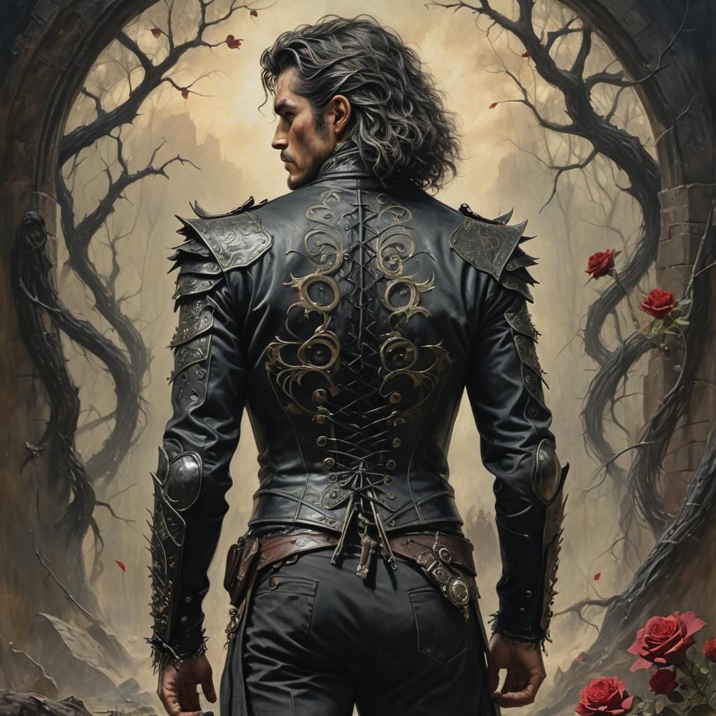 Dramatic Warrior in Rose Corset: Hyperrealistic Oil Painting