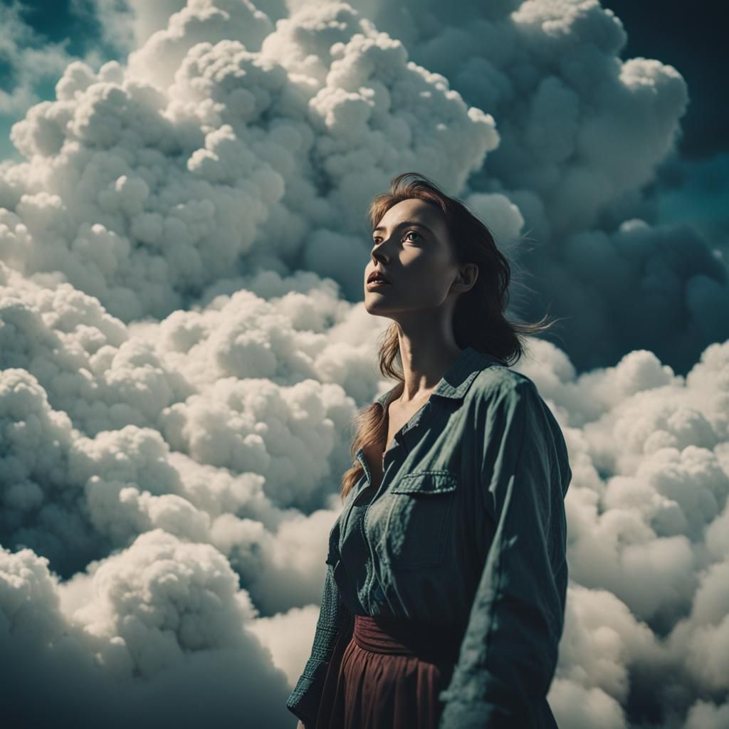 Cinematic Woman in Clouds Film Still