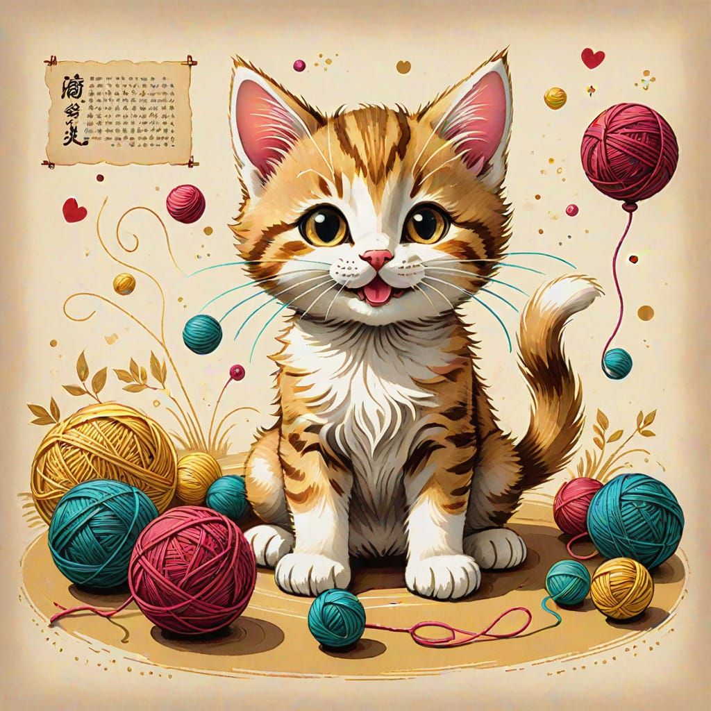Playful Yarn Kitten in Whimsical Illustration