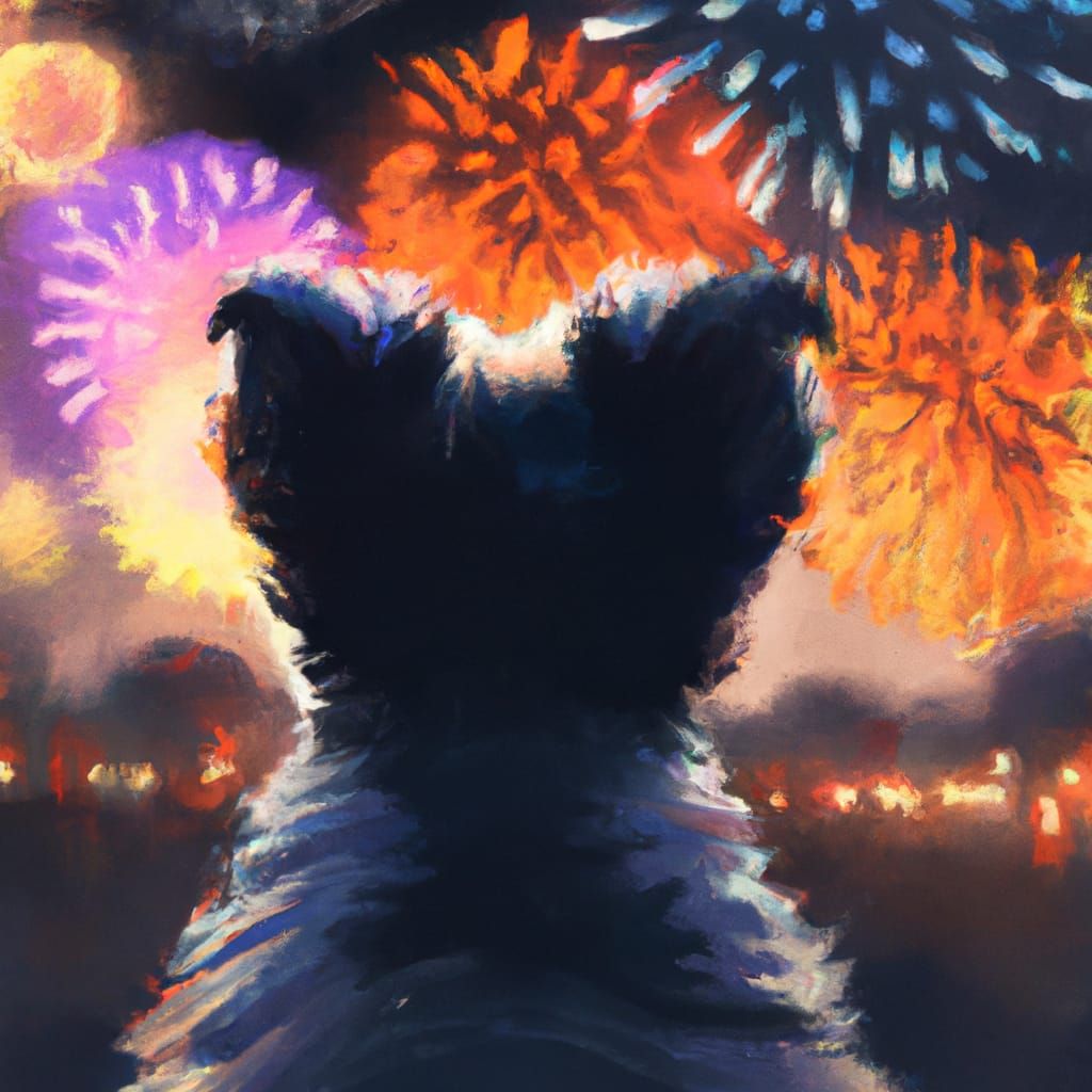 Dog Watches Fireworks Display: Photorealistic Digital Art