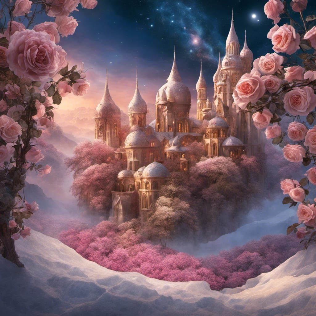 Magical Roses in Ethereal Crystal Landscape