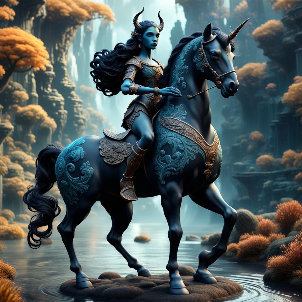 Fantastical Black Porcelain Centaur Doll in Detailed Paintin...