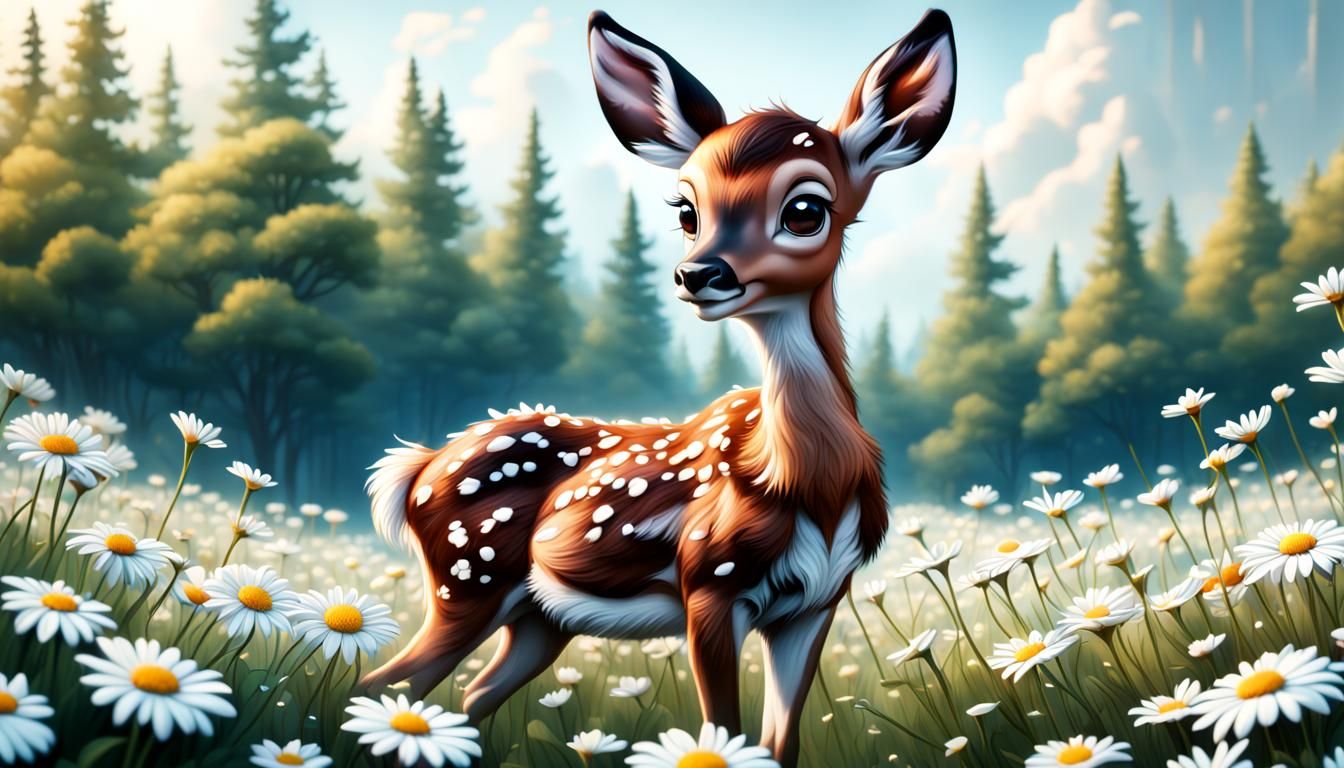Kawaii Bambi in Daisy Field: Digital Matte Painting