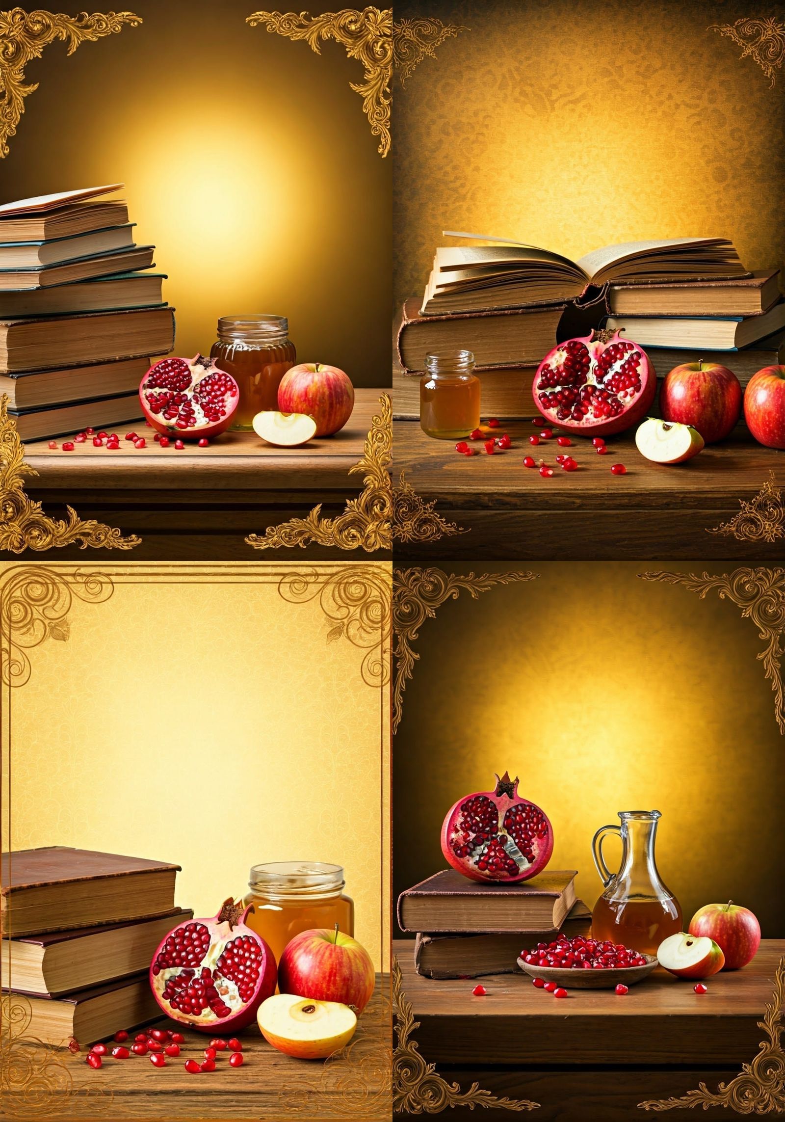 Golden Pomegranate Still Life with Books and Honey