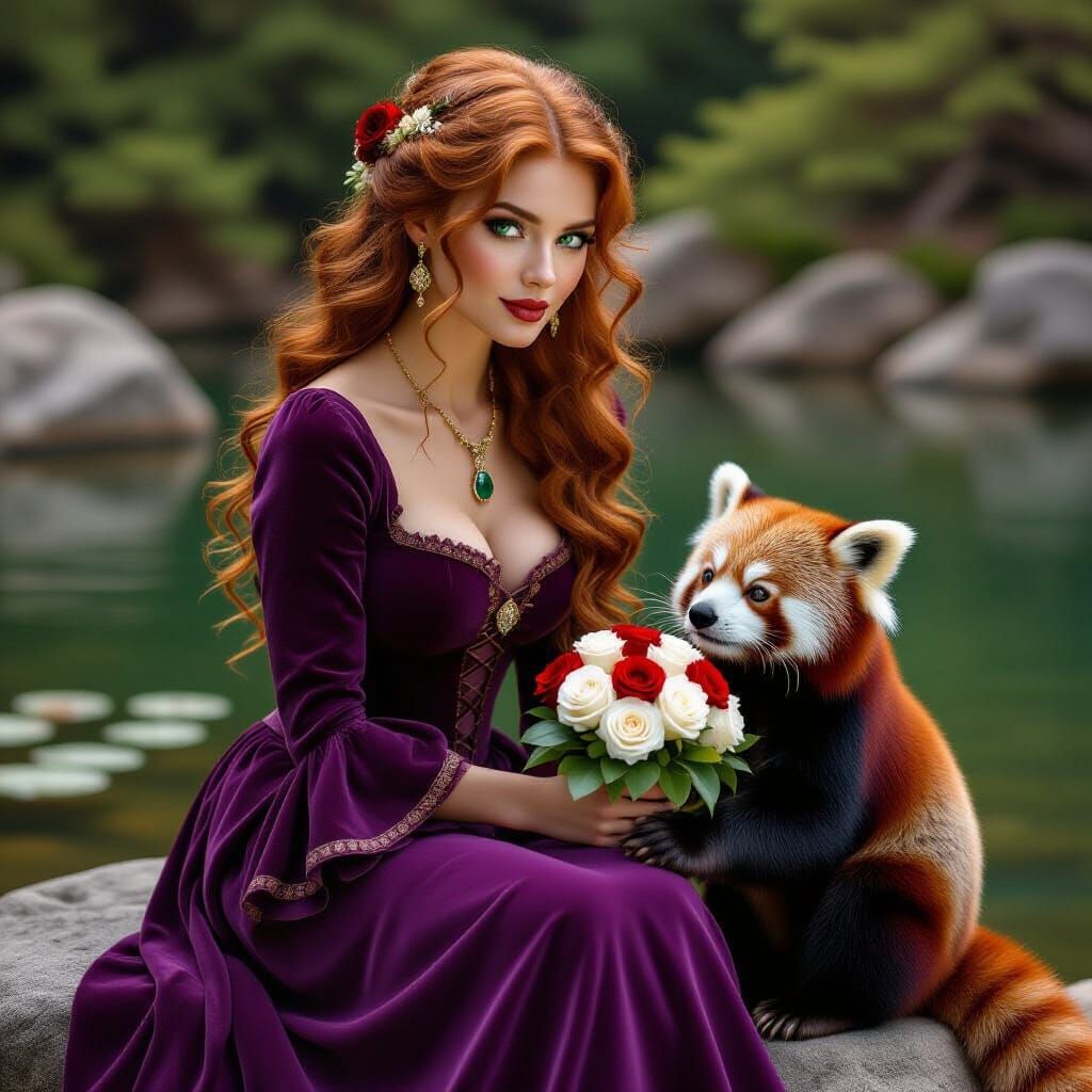 Red-Haired Woman with Red Panda by Enchanting Pond
