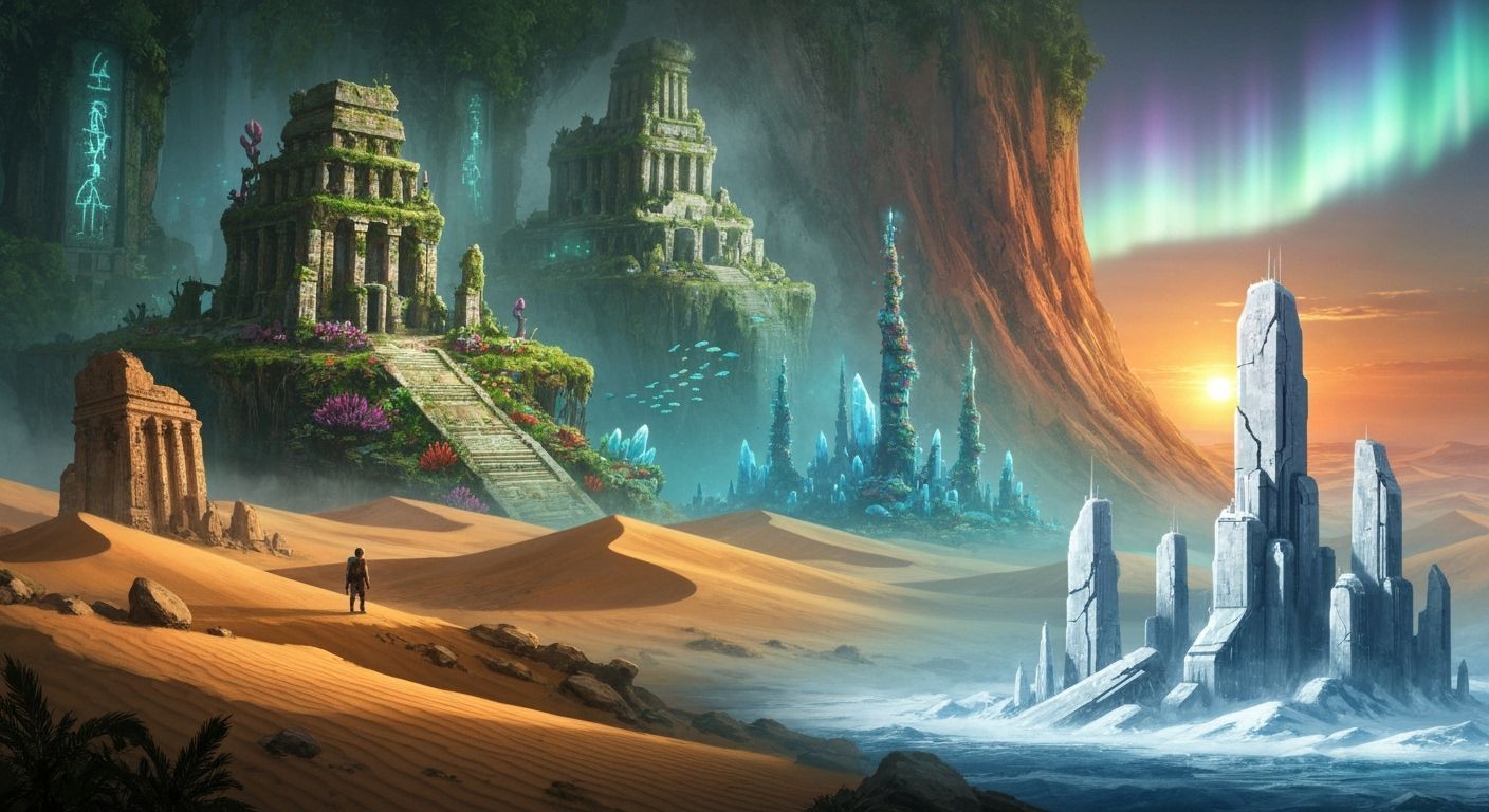 Ancient City Reclaimed by Nature, Bioluminescent Flora Illum...