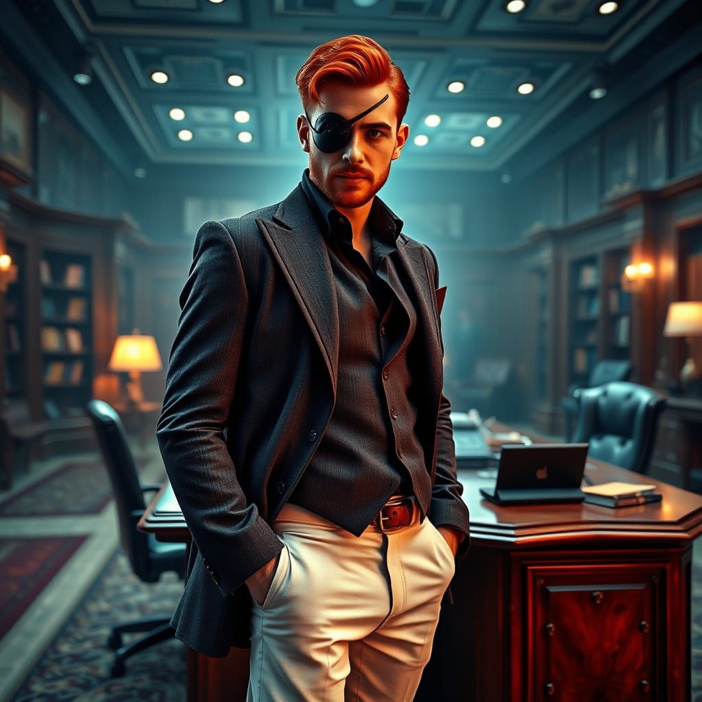 Man in Fitted Jacket with Eye Patch in Moody Cinematic Scene