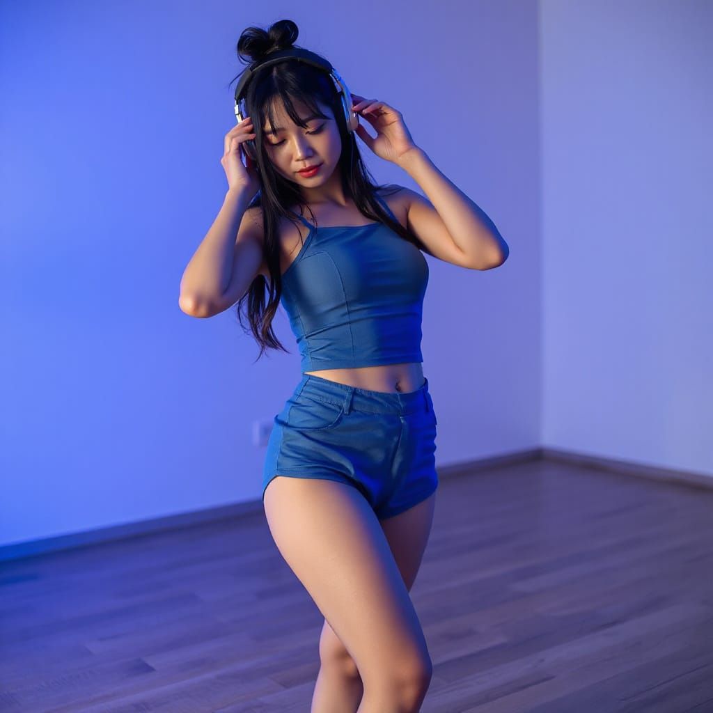 Sensuous Korean Woman Dancing in Blue LED Light