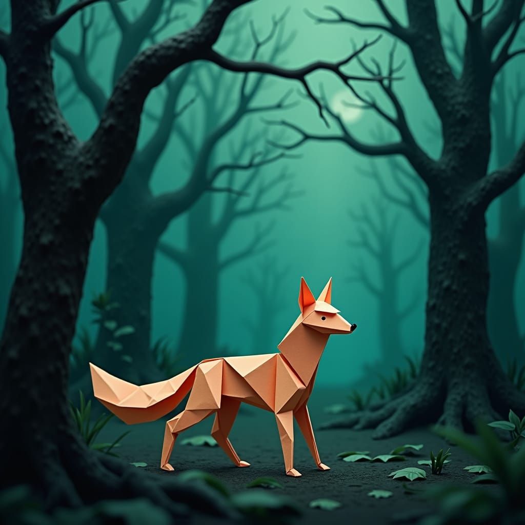 Origami Fox in Twilight Forest, Ethereal Paper Art