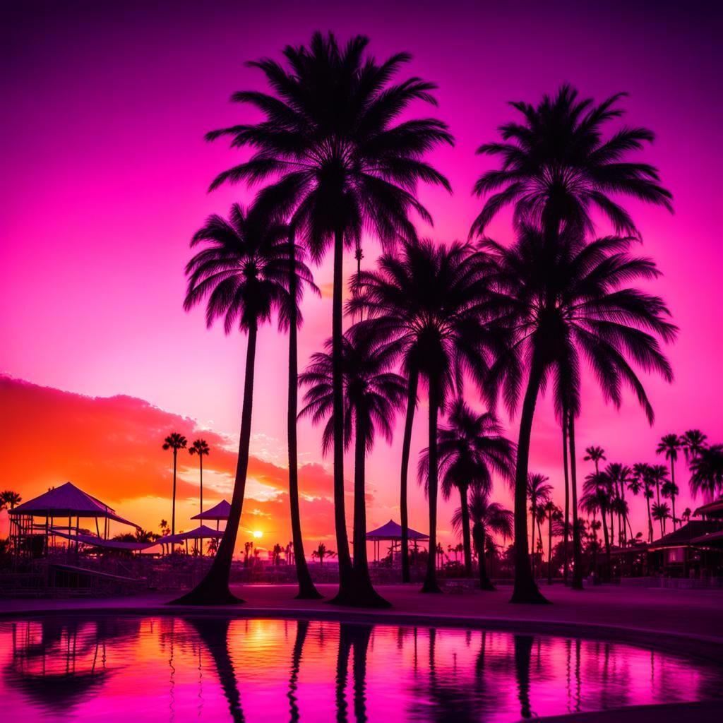 Pink Sunset Palm Tree Double Exposure Photo
