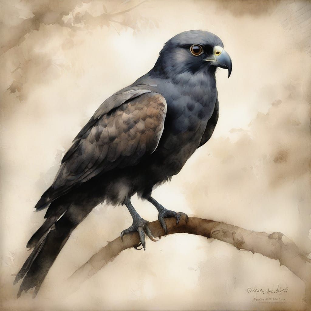 Mysterious Black Harrier in Watercolor Chiaroscuro