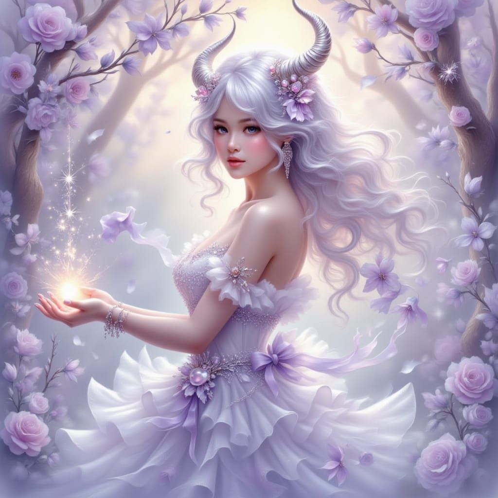 Anime Sorceress with Silver Horns Casting Magic