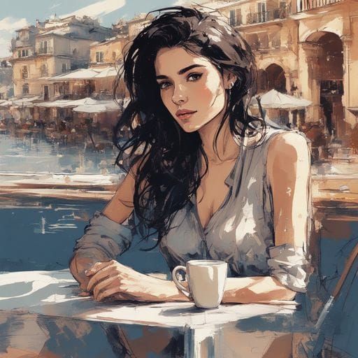 French Girl in Seaside Cafe, Ink Splash Art