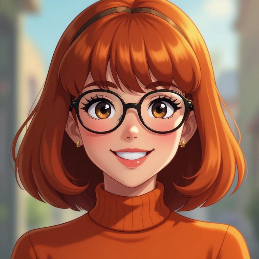 Hyperrealistic Anime Velma Smiling in Orange Outfit