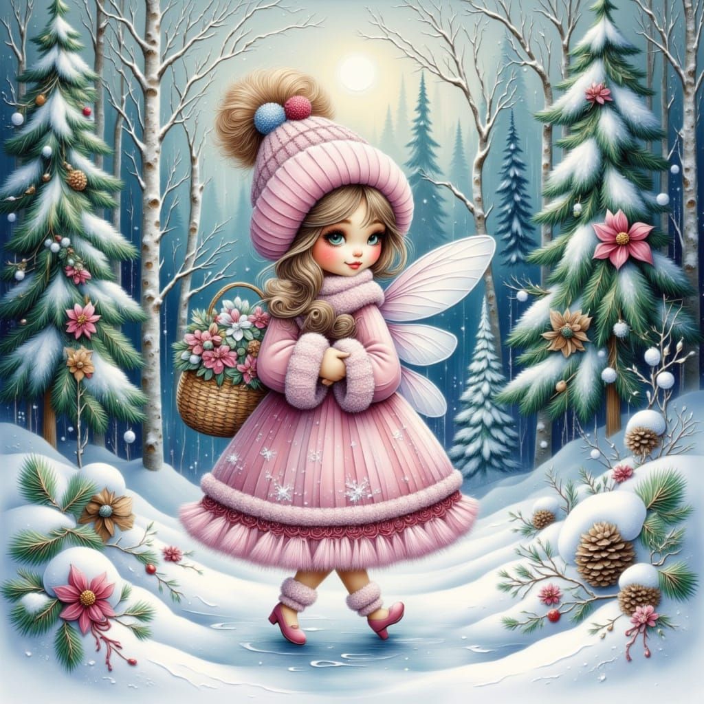 Whimsical Fairy in Pink Dress in Winter Forest