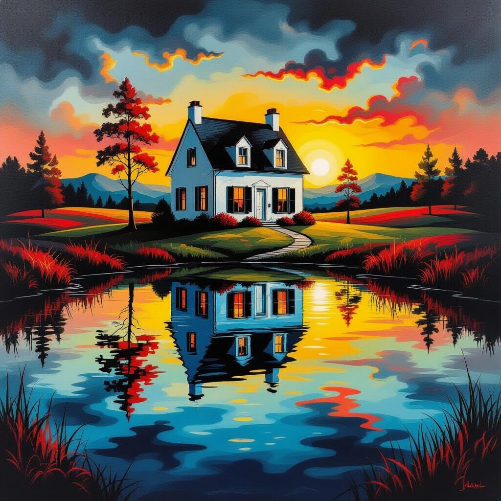 Surreal House Reflected in Pond with Vivid Colors