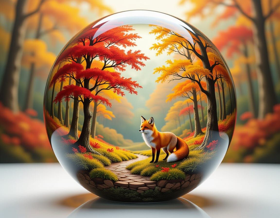 Autumn Fox in Glass Sphere, Surreal Fantasy Art