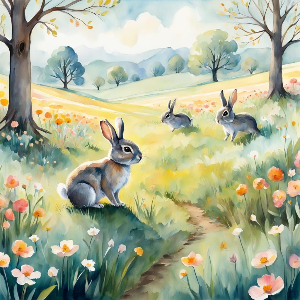 Whimsical Spring Scene in Watercolor Style
