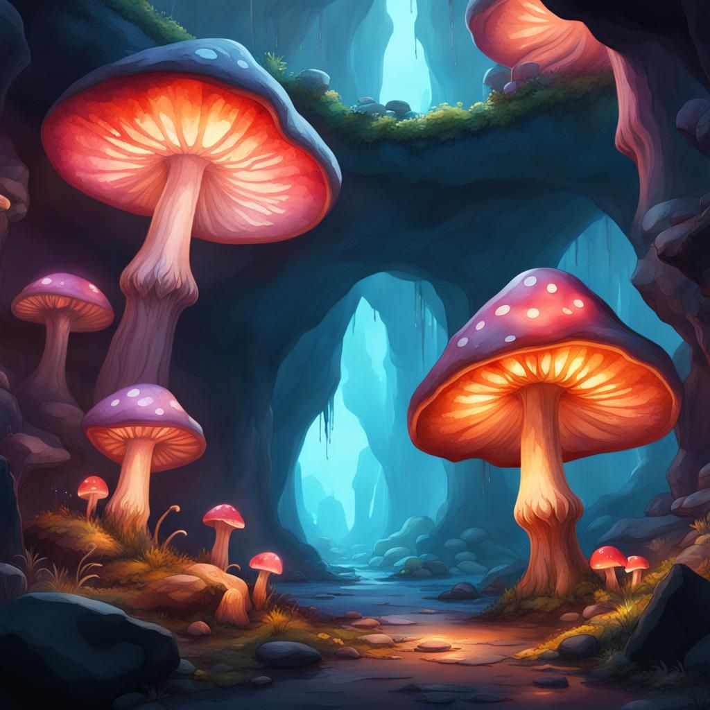 Glowing Mushroom Caves in Watercolor Style