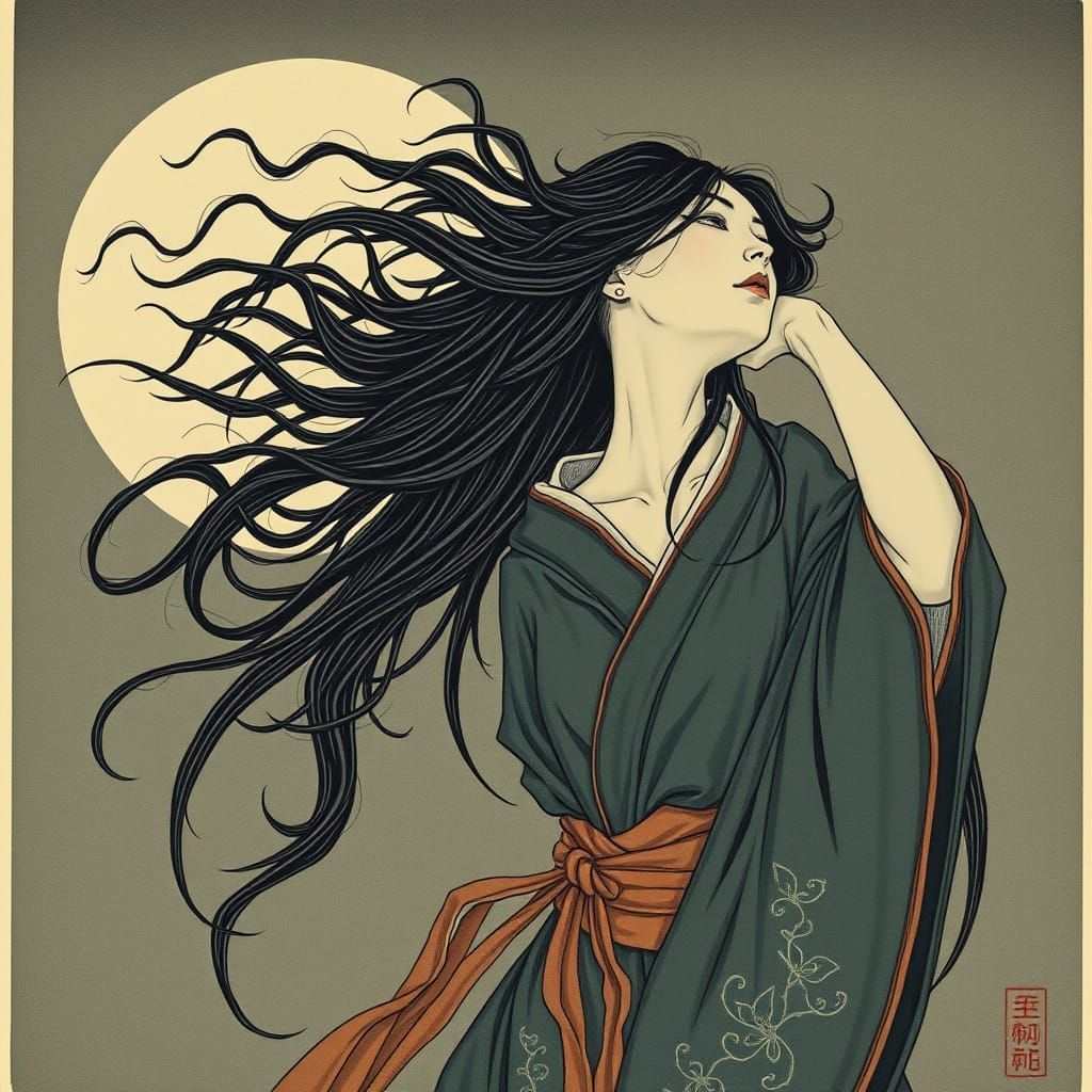 Supernatural Rokurokubi in Moonlit Japanese Landscape